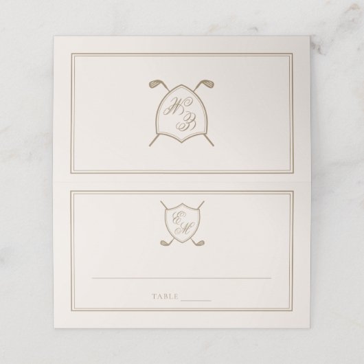 Elegante Classic Wappen Monogram Golf Wedding Platzkarte (Außenseite Aufgefaltet)