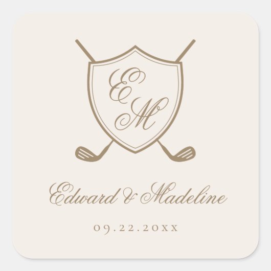 Elegante Classic Wappen Monogram Golf Wedding Quadratischer Aufkleber (Vorderseite)