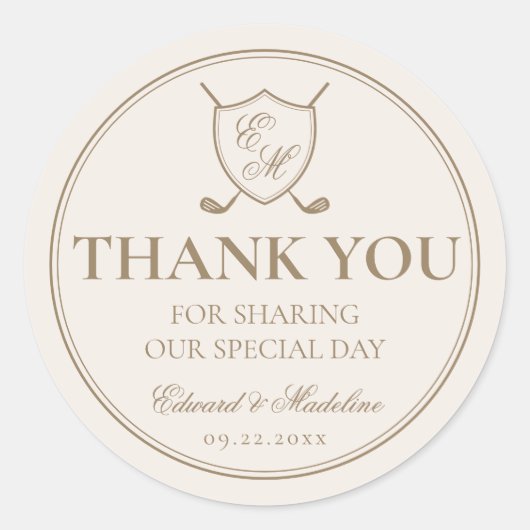 Elegante Classic Wappen Monogram Golf Wedding Runder Aufkleber (Vorderseite)