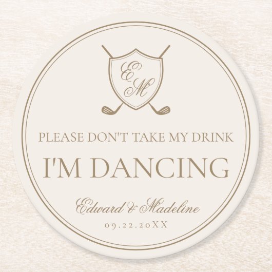 Elegante Classic Wappen Monogram Golf Wedding Runder Pappuntersetzer (Vorderseite)