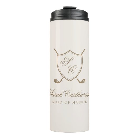 Elegante Classic Wappen Monogram Golf Wedding Thermosbecher (Vorderseite)