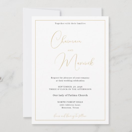 Elegante Classic White Gold Hochzeit Einladung (Vorderseite)