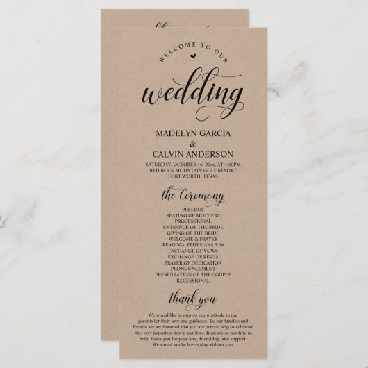 Elegante Classy Brown Rustic Kraft Hochzeitsfeier Programm (Vorne/Hinten)