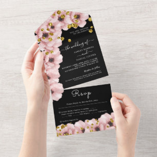 Elegante Classy Rosy Black Wedding All In One Einladung