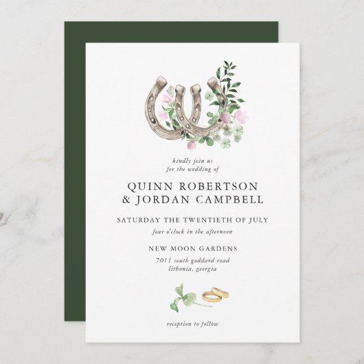 Elegante Clover Horseshoes Botanische Hochzeit Einladung (Vorne/Hinten)