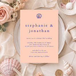Elegante Coastal Beach Peach Navy Blue Wedding Einladung