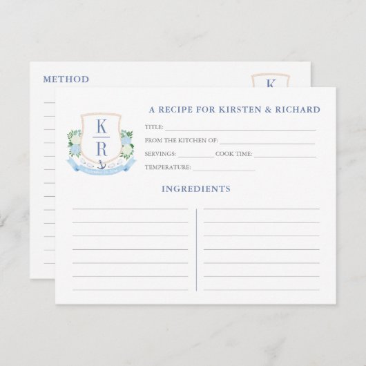 Elegante Coastal Monogram Brautparty Rezept Card Einladung (Vorne/Hinten)