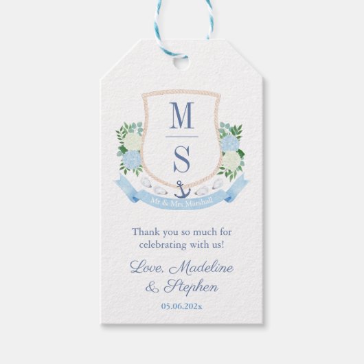 Elegante Coastal Monogram Gastgeschenk Hochzeit Ta Geschenkanhänger (Vorderseite)
