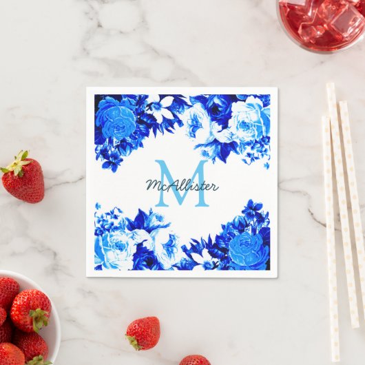 Elegante Cobalt Blue Flowers | Personalisiert Serviette (Beispiel)