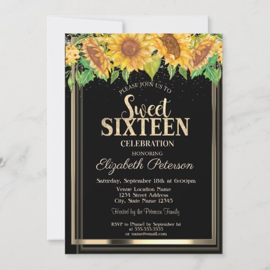 Elegante Confetti Gold Rahmen Sonnenblumen Sweet 1 Einladung (Vorderseite)