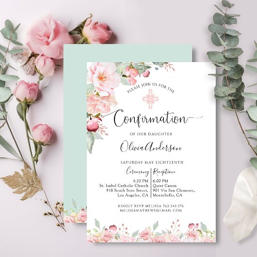 Elegante Confirmation Rose Gold, Minze Floral Einladung