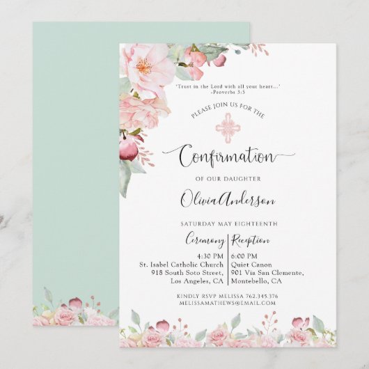 Elegante Confirmation Rose Gold, Minze Floral, Ver Einladung (Vorne/Hinten)