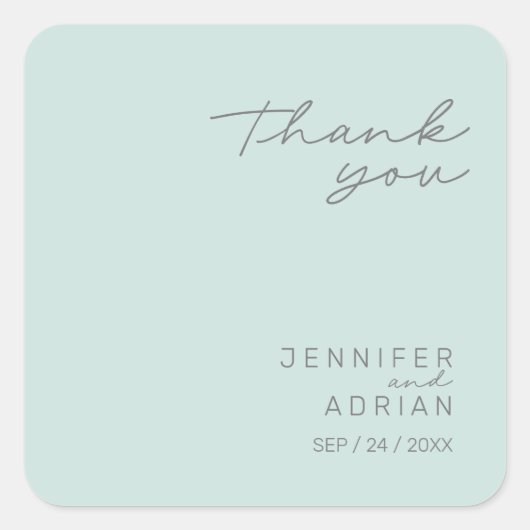Elegante Cool Mint Minimal Danke Hochzeit Quadratischer Aufkleber (Vorderseite)