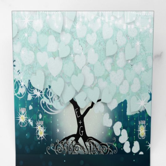 Elegante Coole Aqua Heart Leaf Wedding Dreifach Gefaltete Einladung (Innen Erste Seite)