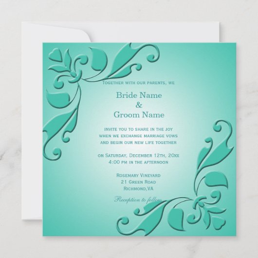 Elegante, coole aquamarine Blumenhochzeit Einladung (Vorderseite)