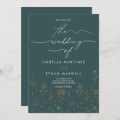 Elegante Copper Botanical Script Dunkle Aquamarine Einladung (Vorne/Hinten)