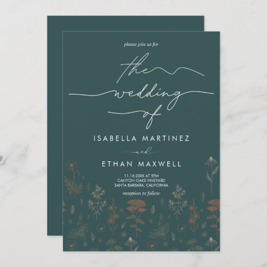 Elegante Copper Botanical Script Dunkle Aquamarine Einladung (Vorne/Hinten)