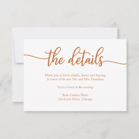 Elegante Copper Calligraphy Wedding Details Card RSVP Karte (Vorderseite)