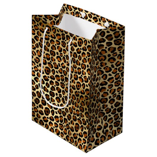 Elegante Copper Gold Leopard Animal Print Mittlere Geschenktüte (Vorderseite Schrägansicht)