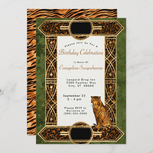 Elegante Copper Green Tiger Art Deco Einladung (Vorne/Hinten)