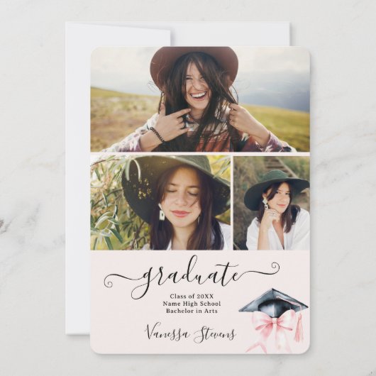 Elegante Coquette Bow Abschluss 3 Fotos Einladung (Rückseite)