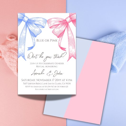 Elegante Coquette Bows Blue Pink Gender Reveal Einladung