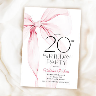 Elegante Coquette-Rosa Schleife 20. Geburtstag Einladung