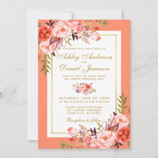 Elegante Coral Floral Gold Hochzeit Einladung (Vorderseite)