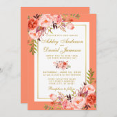 Elegante Coral Floral Gold Hochzeit Einladung (Vorne/Hinten)