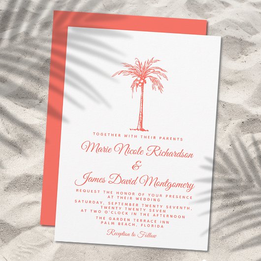 Elegante Coral Palm Tree Formal Beach Hochzeit Einladung
