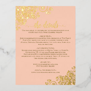 Elegante Coral Peach Gold Foil Wedding Details Car Folie Einladungspostkarte