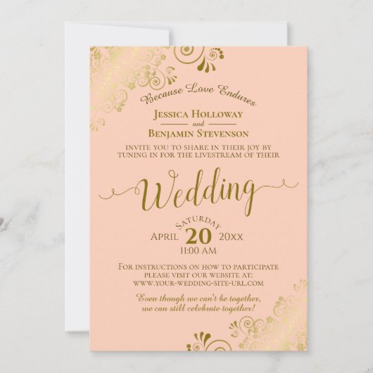 Elegante Coral Peach & Gold Wedding Livestream Einladung (Vorderseite)