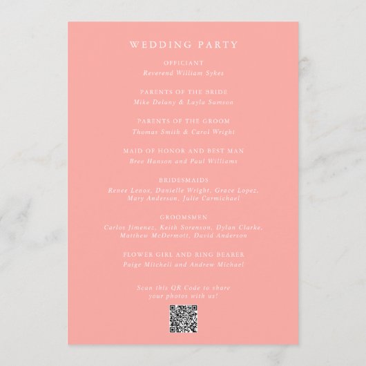 Elegante Coral Pink Moderne Hochzeit Programm (Rückseite)