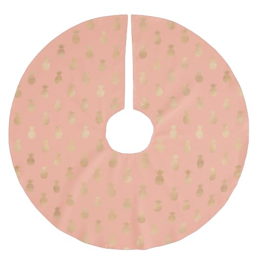 Elegante Coral Pink und Gold Ananas Polyester Weihnachtsbaumdecke (Vorderseite)