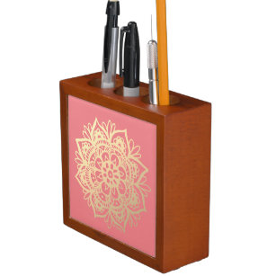 Elegante Coral Pink und Gold Mandala Blume Stifthalter
