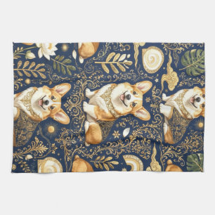 Elegante Corgi-Hunde Gold-Damaskus Navy Blau Muste Geschirrtuch