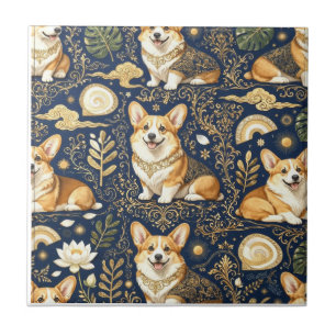 Elegante Corgi-Hunde Gold Damast Navy Blau Muster Fliese