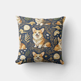 Elegante Corgi-Hunde Gold Damast Navy Blau Muster Kissen