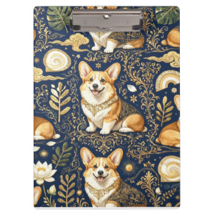 Elegante Corgi-Hunde Gold Damast Navy Blau Muster Klemmbrett