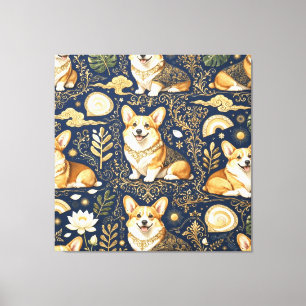 Elegante Corgi-Hunde Gold Damast Navy Blau Muster Leinwanddruck