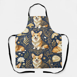 Elegante Corgi-Hunde Gold Damast Navy Blau Muster  Schürze