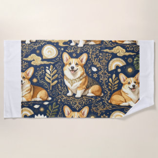 Elegante Corgi-Hunde Gold Damast Navy Blau Muster Strandtuch