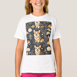 Elegante Corgi-Hunde Gold Damast Navy Blau Muster T-Shirt