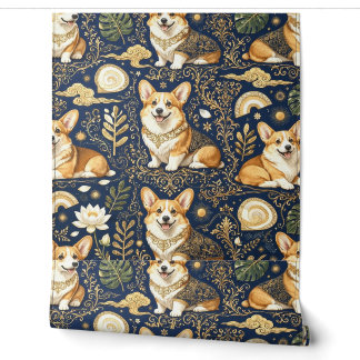 Elegante Corgi-Hunde Gold Damast Navy Blau Muster Tapete