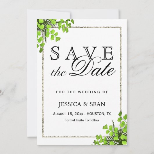 Elegante Corner Fern Dekoration Hochzeit Save The Date (Vorderseite)