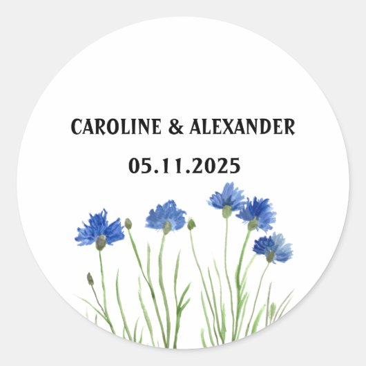 Elegante Cornflwers Wildblumen Hochzeit Runder Aufkleber (Vorderseite)