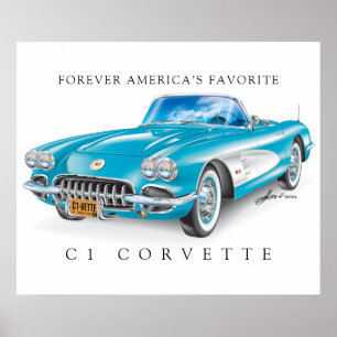 Elegante Corvette C1 Lustration Farbe Kaskade Poster