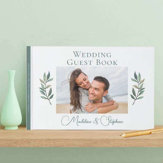 Elegante Couple Foto Grüne Botanische Hochzeit Gästebuch