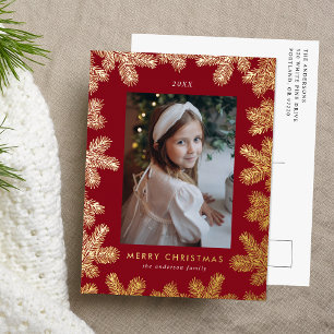Elegante Cranberry- und Gold-Tannen-Rahmen-Foto Folien Feiertagspostkarte