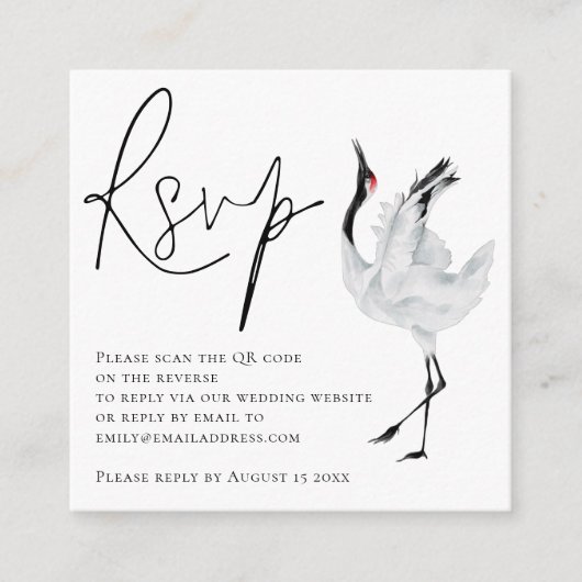 Elegante Crane Bird Script QR Code Wedding RSVP Begleitkarte (Vorderseite)